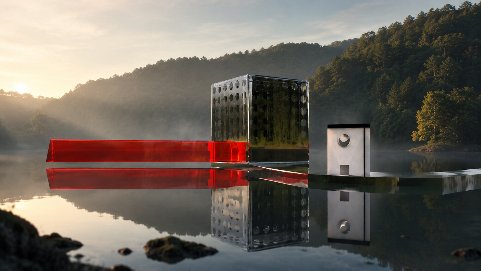 Scena cinematografica sul lago con architettura minimale e riflessi